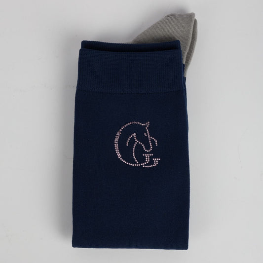 Adults Horse Riding Socks in Navy sock with a logo on a light grey background