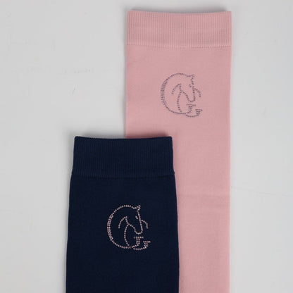Two socks, one pink and one navy, with a logo on a light grey background