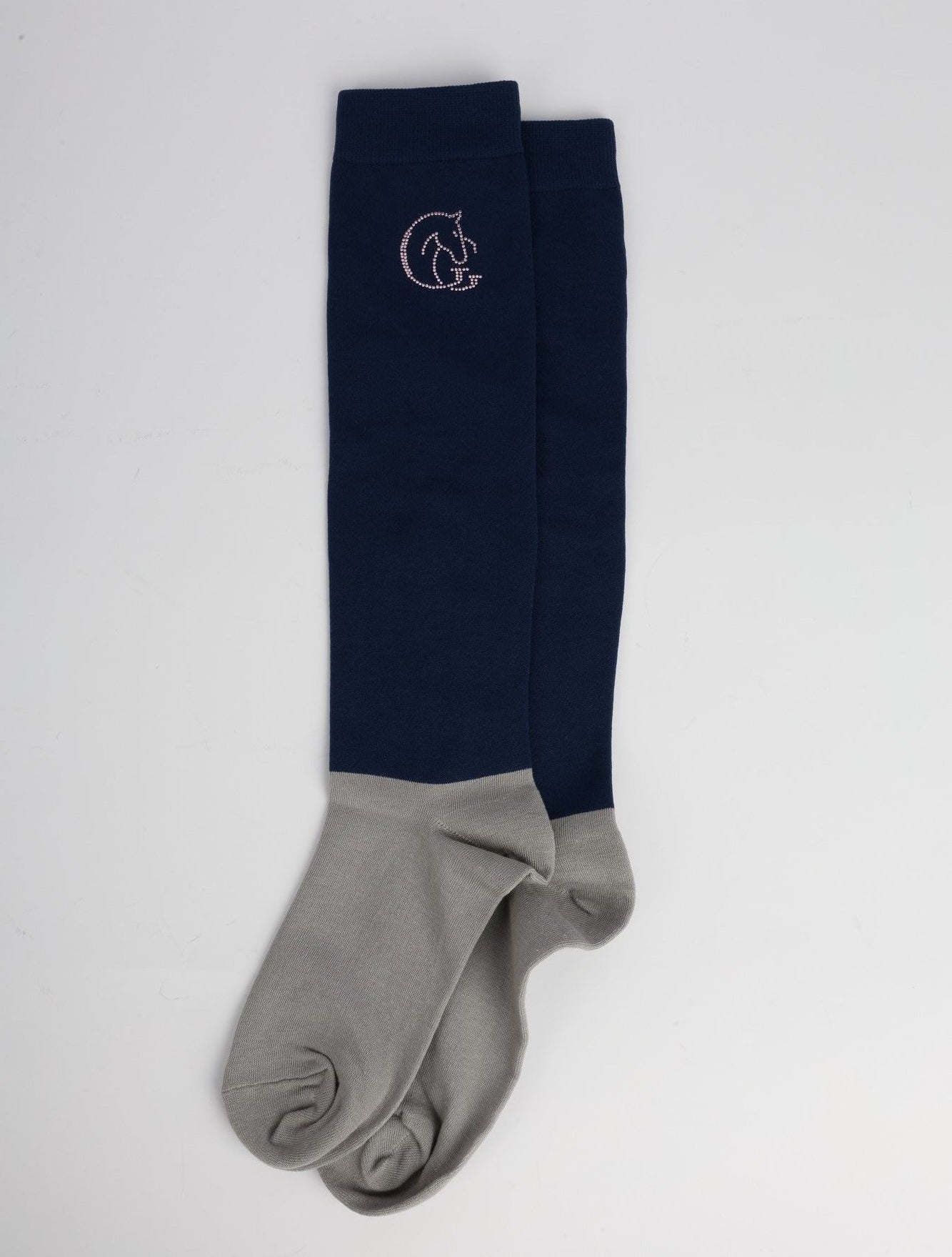 Pair of navy and grey socks on a light grey background